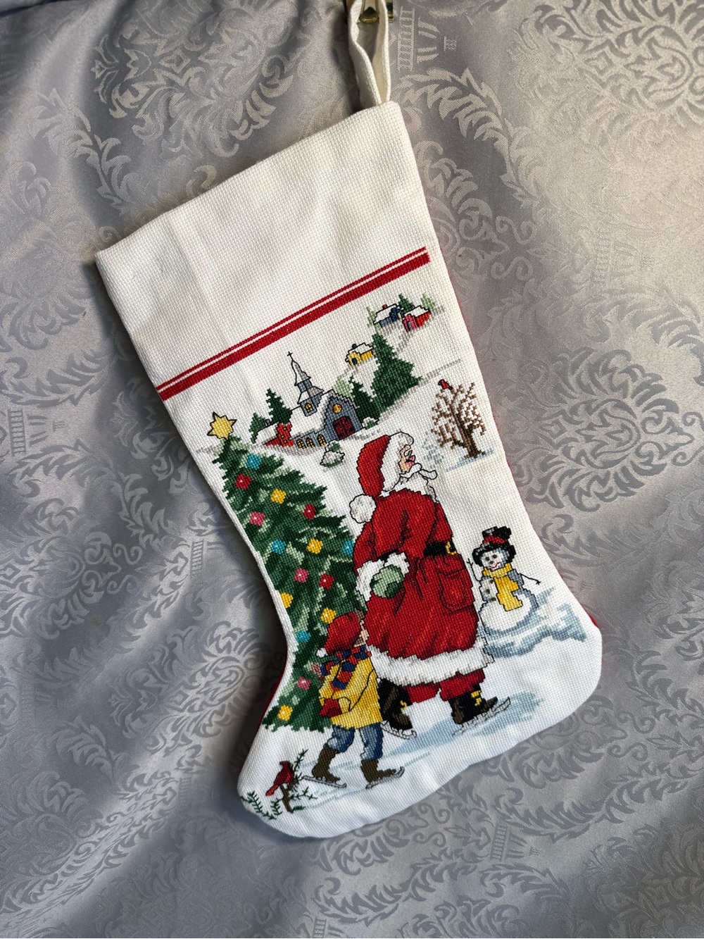 Handmade cross-stitch needlepoint Christmas Santa holiday stocking 16”